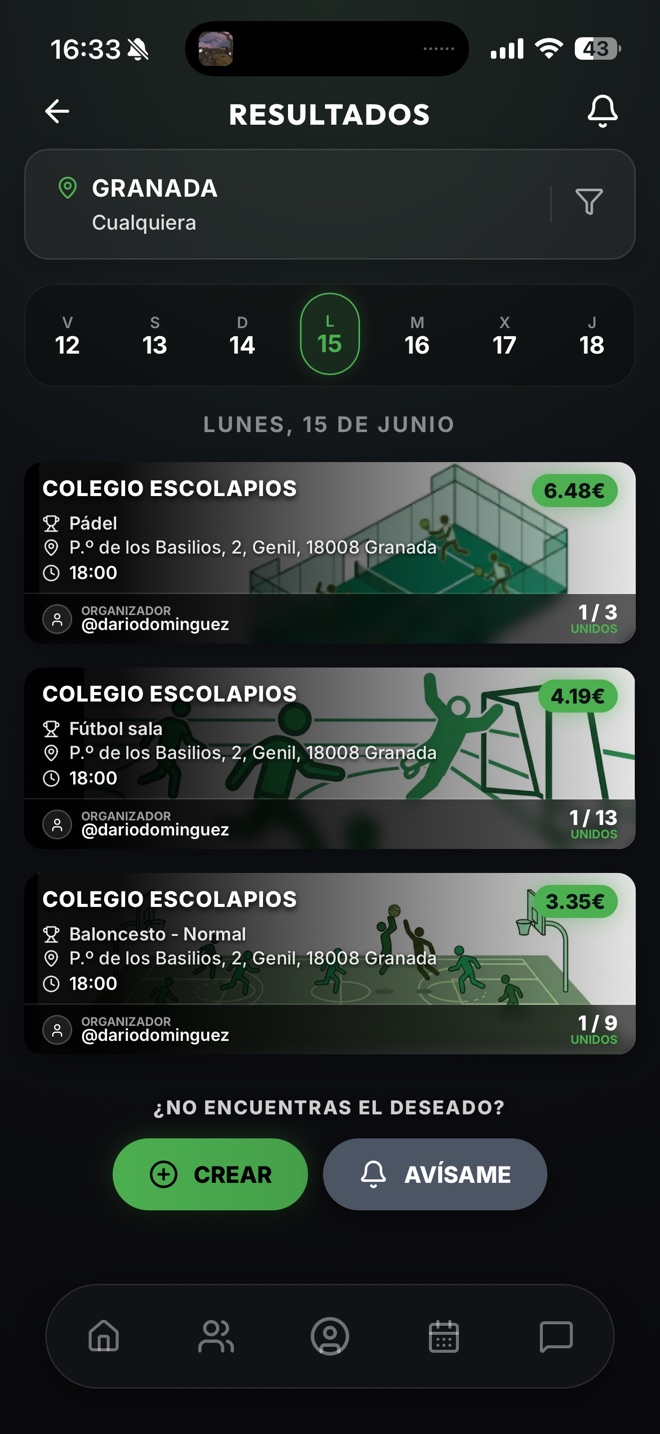 Pantalla de la app: partidos disponibles por deporte, con su precio por jugador y plazas libres.
