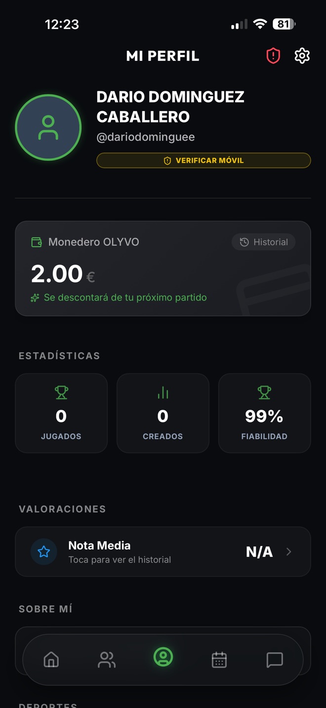 Pantalla de perfil de la app: monedero con saldo y fiabilidad del jugador.