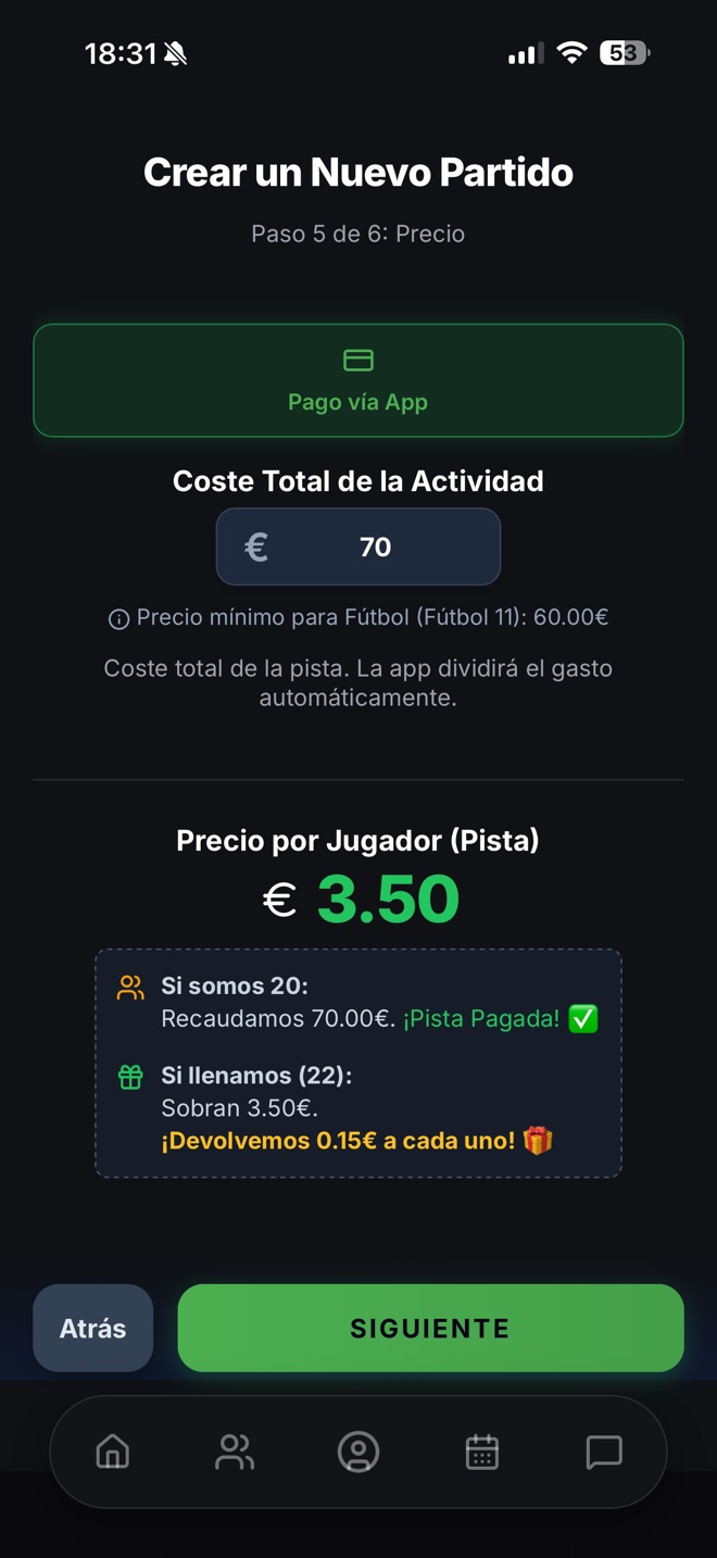 Pantalla de la app: el coste de la pista se reparte entre los jugadores y el sobrante se devuelve.